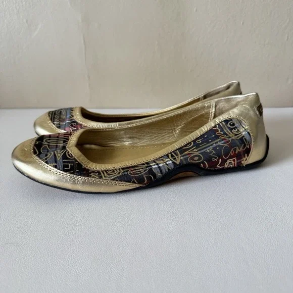 COACH Ballet Flats Gold Tartan Plaid True Graffiti Logo Shoes Slip On Sz 7.5 Y2K - Picture 4 of 8